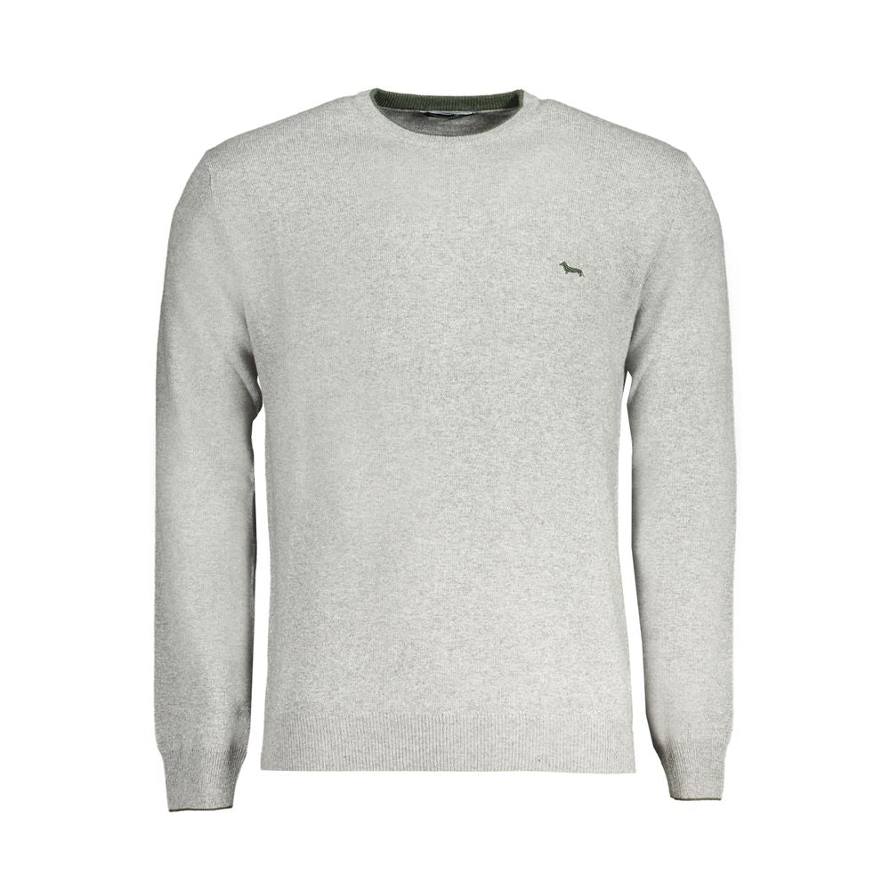 Harmont & Blaine gray wool men's sweater with ribbed cuffs and collar, classic knit design, and logo detail.