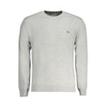 Harmont & Blaine gray wool men's sweater with ribbed cuffs and collar, classic knit design, and logo detail.