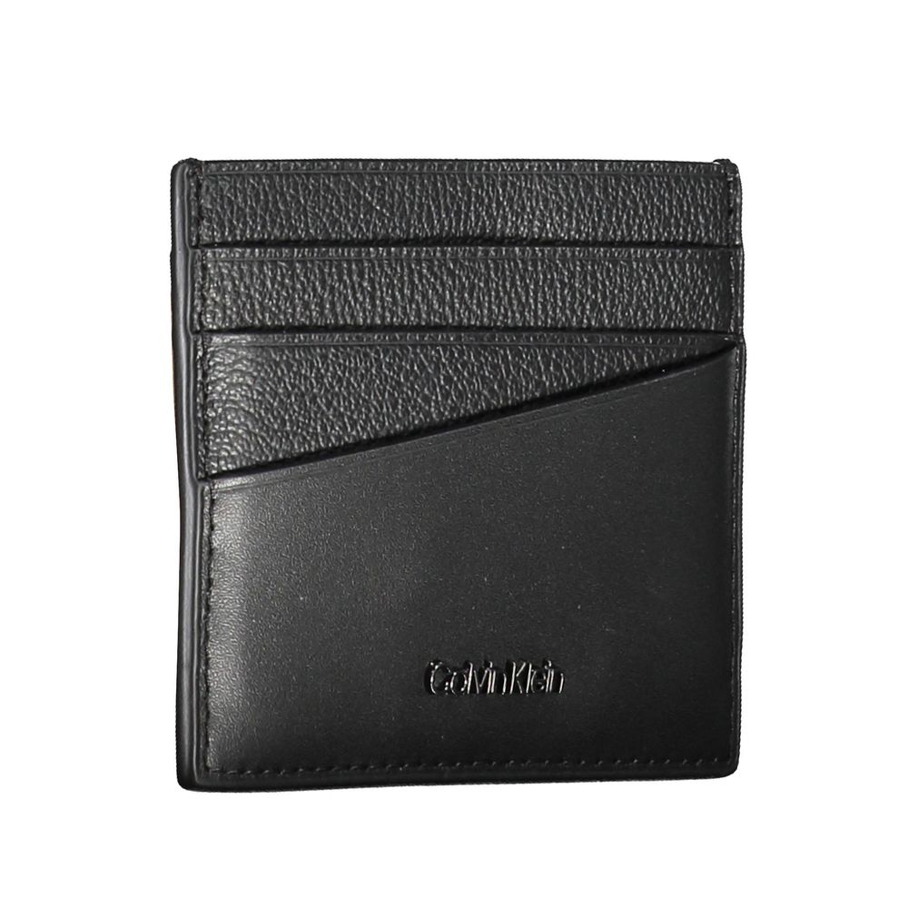 Black leather men's wallet holder by Calvin Klein with multiple card slots and sleek design.