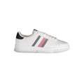 Tommy Hilfiger white polyurethane men's sneaker with sporty design and white laces on a clean background.