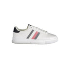 Tommy Hilfiger white polyurethane men's sneaker with sporty design and white laces on a clean background.