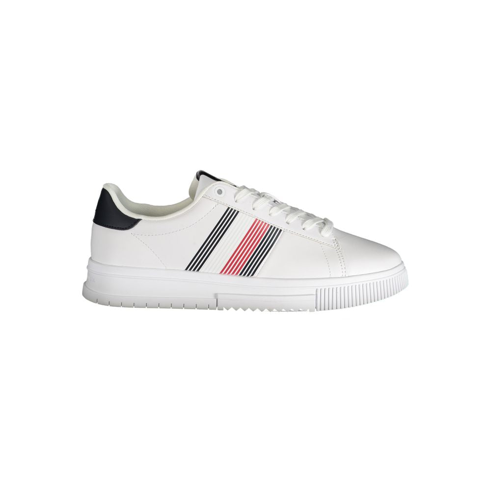 Tommy Hilfiger white polyurethane men's sneaker with sporty design and white laces on a clean background.