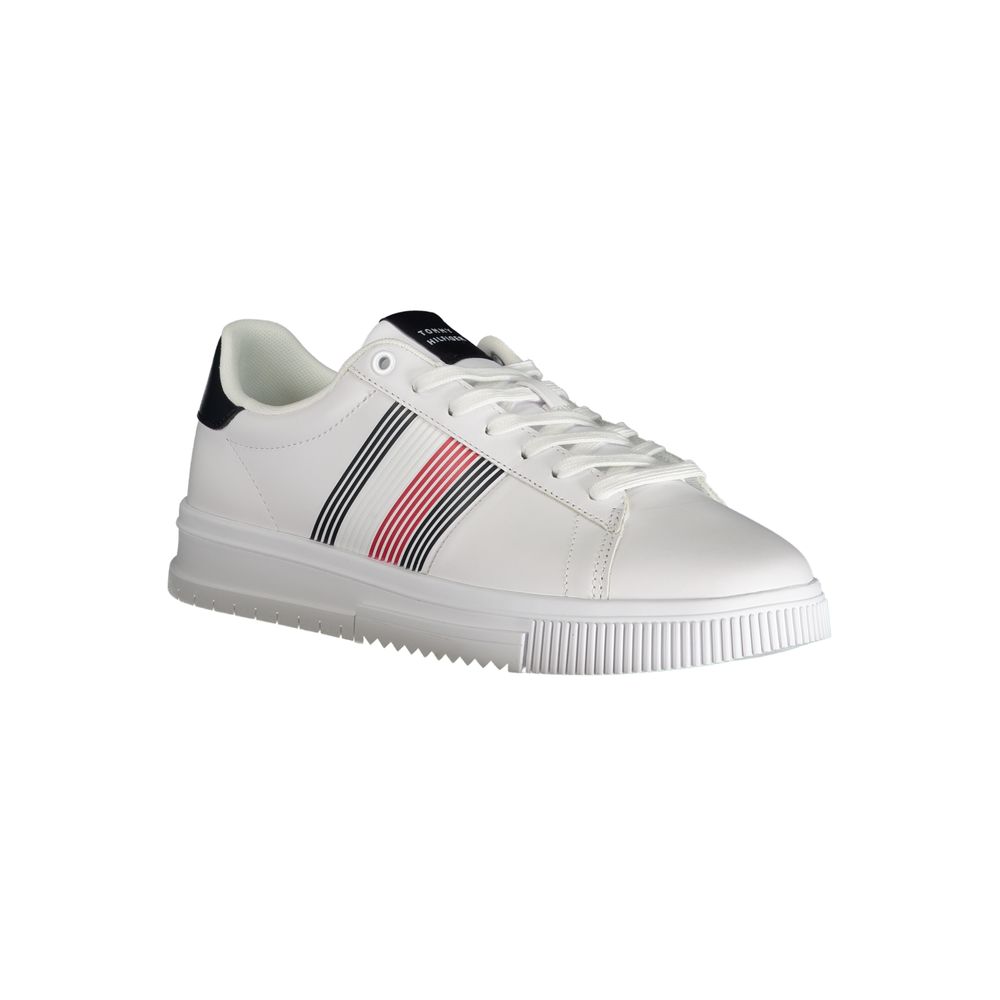 Tommy Hilfiger white polyurethane men's sneaker with sporty design and lace-up closure, stylish casual footwear.