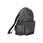 Tommy Hilfiger black polyurethane men's backpack with adjustable straps and front zip pocket, stylish and durable for everyday use.