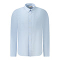 Timberland Azzurro Linen Men's Shirt in light blue, featuring a classic collar and button-down design, displayed on a hanger.