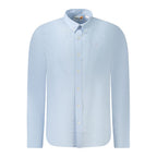Timberland Azzurro Linen Men's Shirt in light blue, featuring a classic collar and button-down design, displayed on a hanger.
