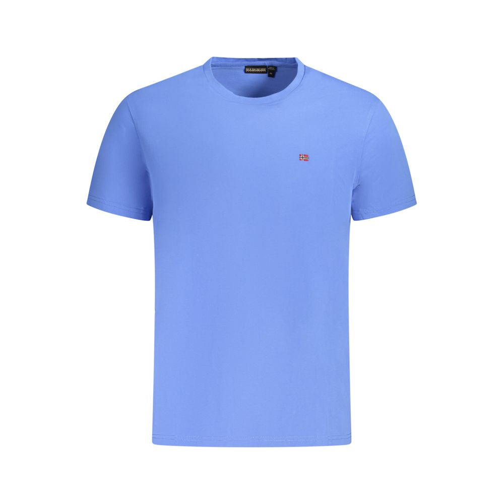 Napapijri blue cotton men's T-shirt displayed flat with crew neckline and short sleeves, showcasing casual, comfortable style.
