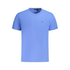 Napapijri blue cotton men's T-shirt displayed flat with crew neckline and short sleeves, showcasing casual, comfortable style.