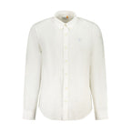 Timberland white linen men's shirt displayed on a hanger, showcasing a casual, lightweight summer shirt with a classic collar.