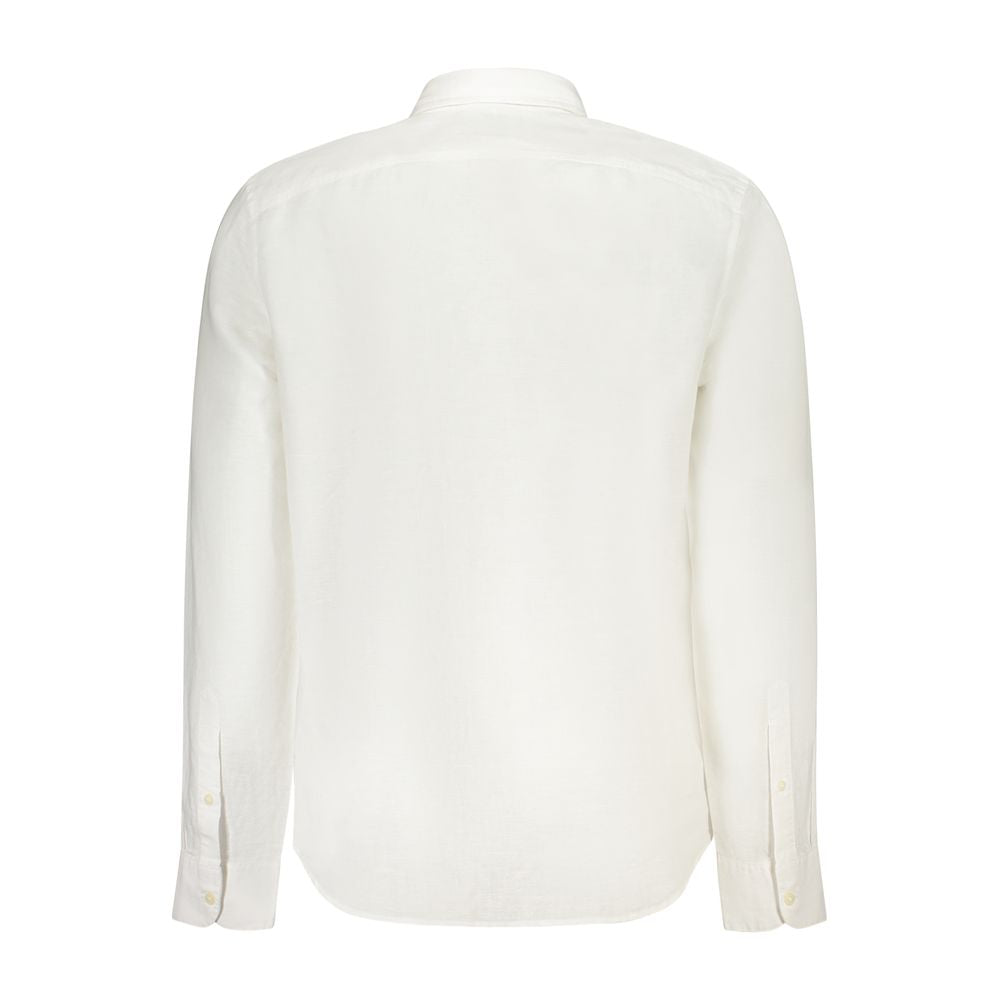 Timberland white linen men's shirt displayed on a hanger, featuring a classic collar and button-down front.