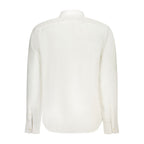Timberland white linen men's shirt displayed on a hanger, featuring a classic collar and button-down front.