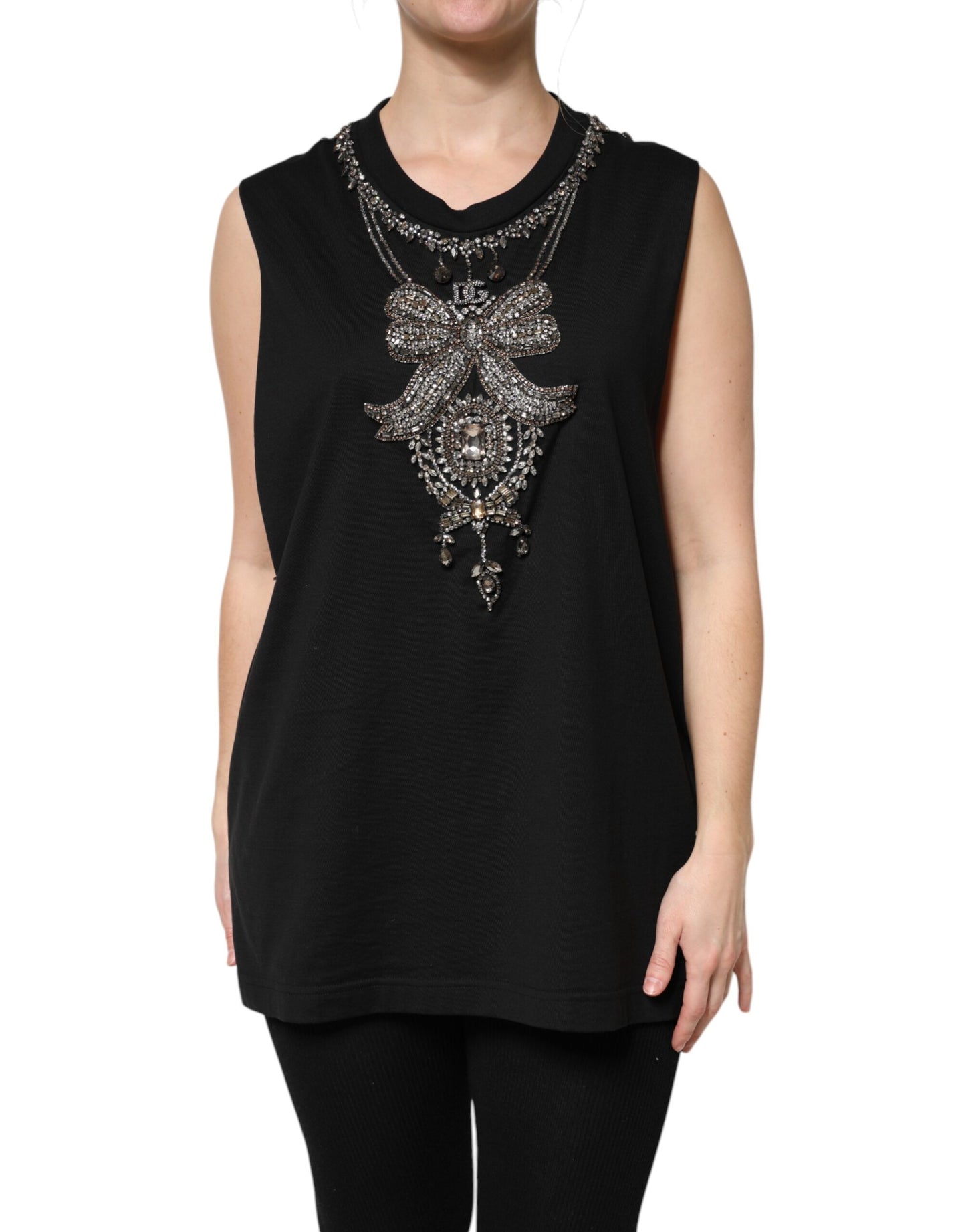 Dolce & Gabbana Black Cotton Rhinestone Embellished Tank Top Dolce & Gabbana