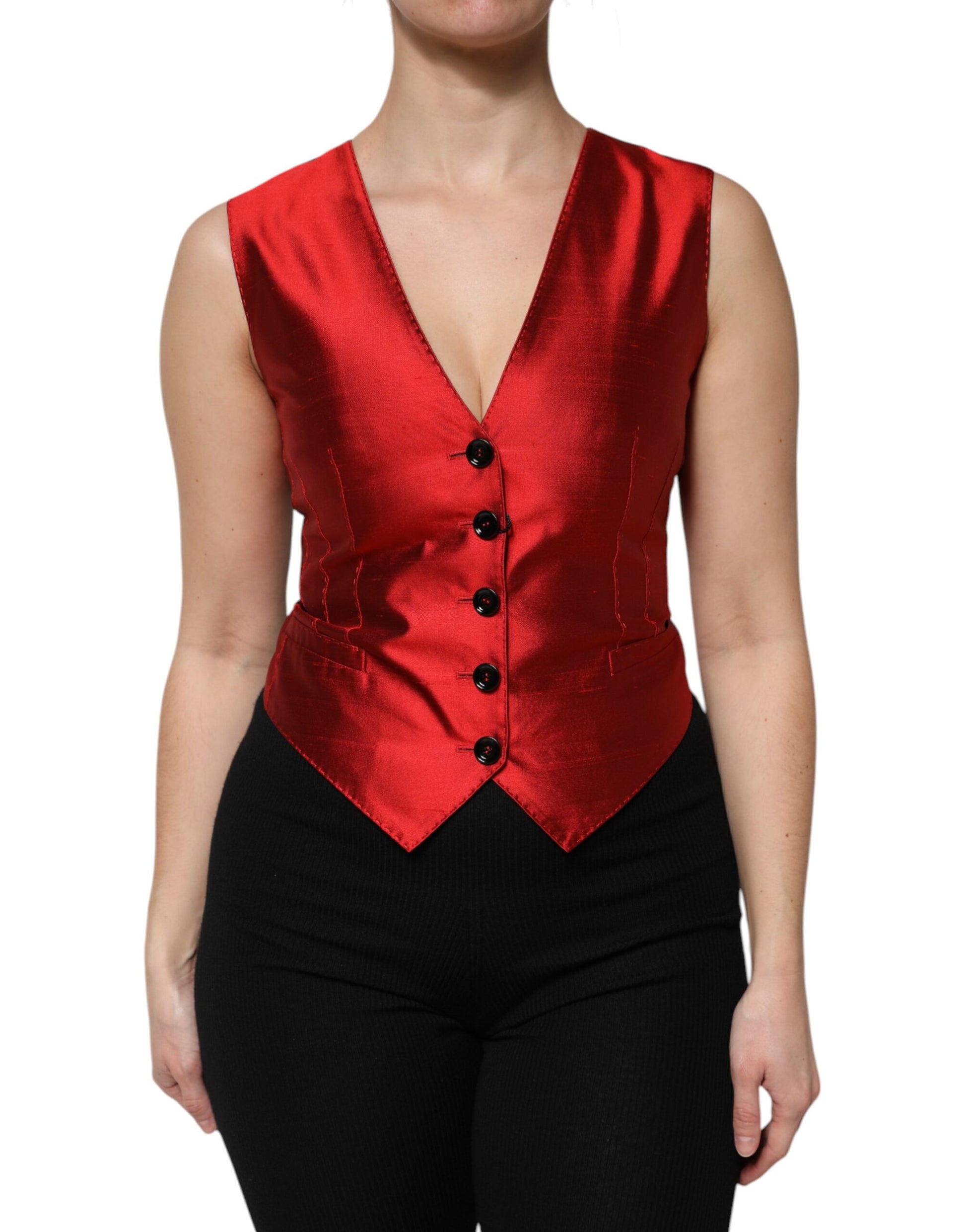 Dolce & Gabbana Red Black Button Down Sleeveless Vest Top Dolce & Gabbana