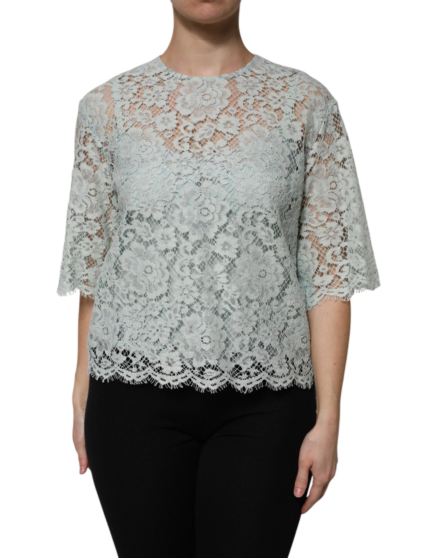 Dolce & Gabbana Mint Green Floral Lace Cotton Blouse Top Dolce & Gabbana
