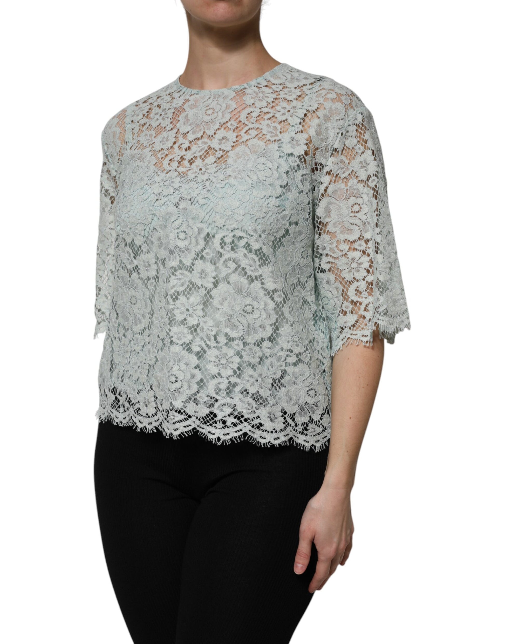 Dolce & Gabbana Mint Green Floral Lace Cotton Blouse Top Dolce & Gabbana