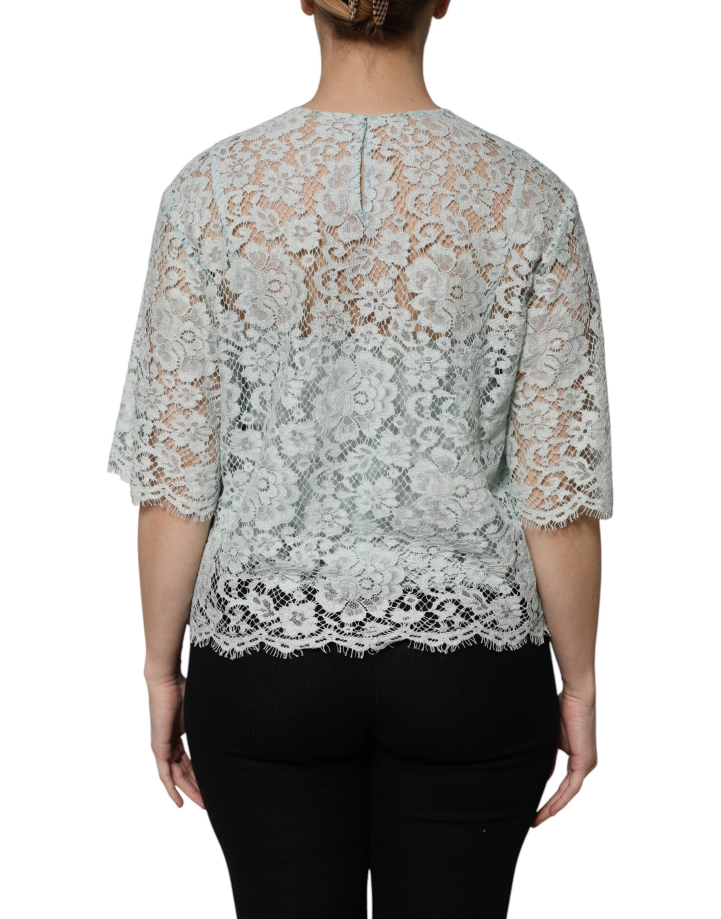 Dolce & Gabbana Mint Green Floral Lace Cotton Blouse Top Dolce & Gabbana