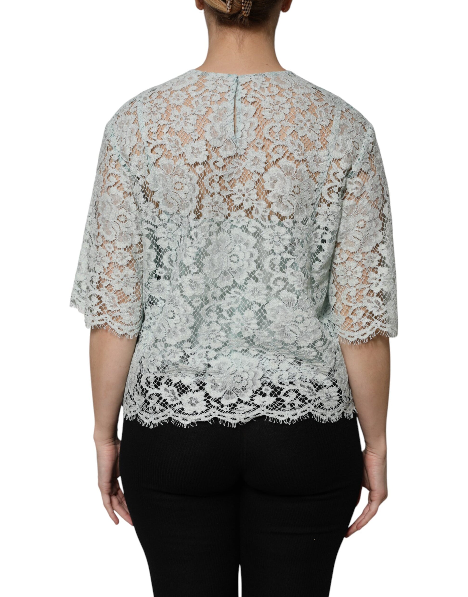Dolce & Gabbana Mint Green Floral Lace Cotton Blouse Top Dolce & Gabbana
