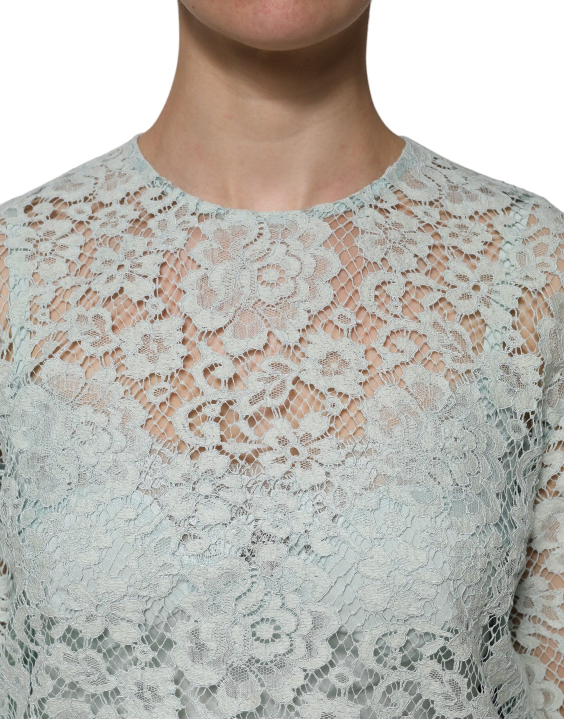 Dolce & Gabbana Mint Green Floral Lace Cotton Blouse Top Dolce & Gabbana