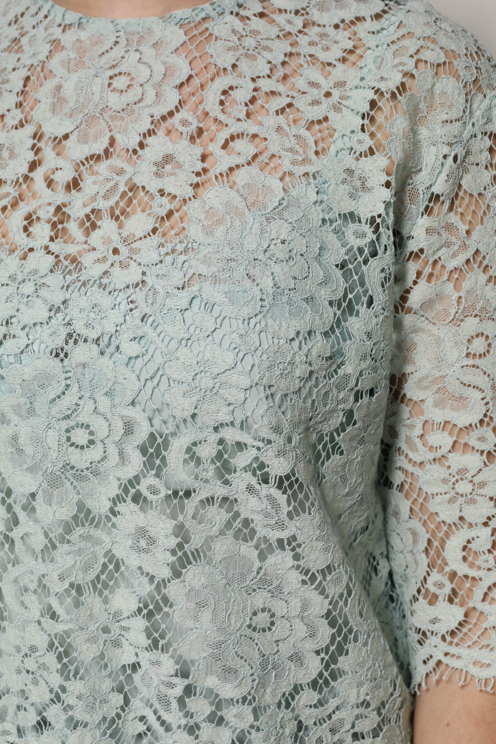 Dolce & Gabbana Mint Green Floral Lace Cotton Blouse Top Dolce & Gabbana