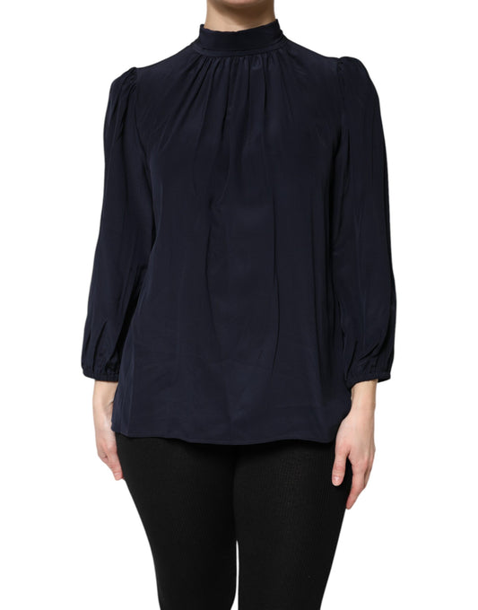 Dolce & Gabbana Blue Silk Mock Neck Long Sleeves Blouse Top Dolce & Gabbana