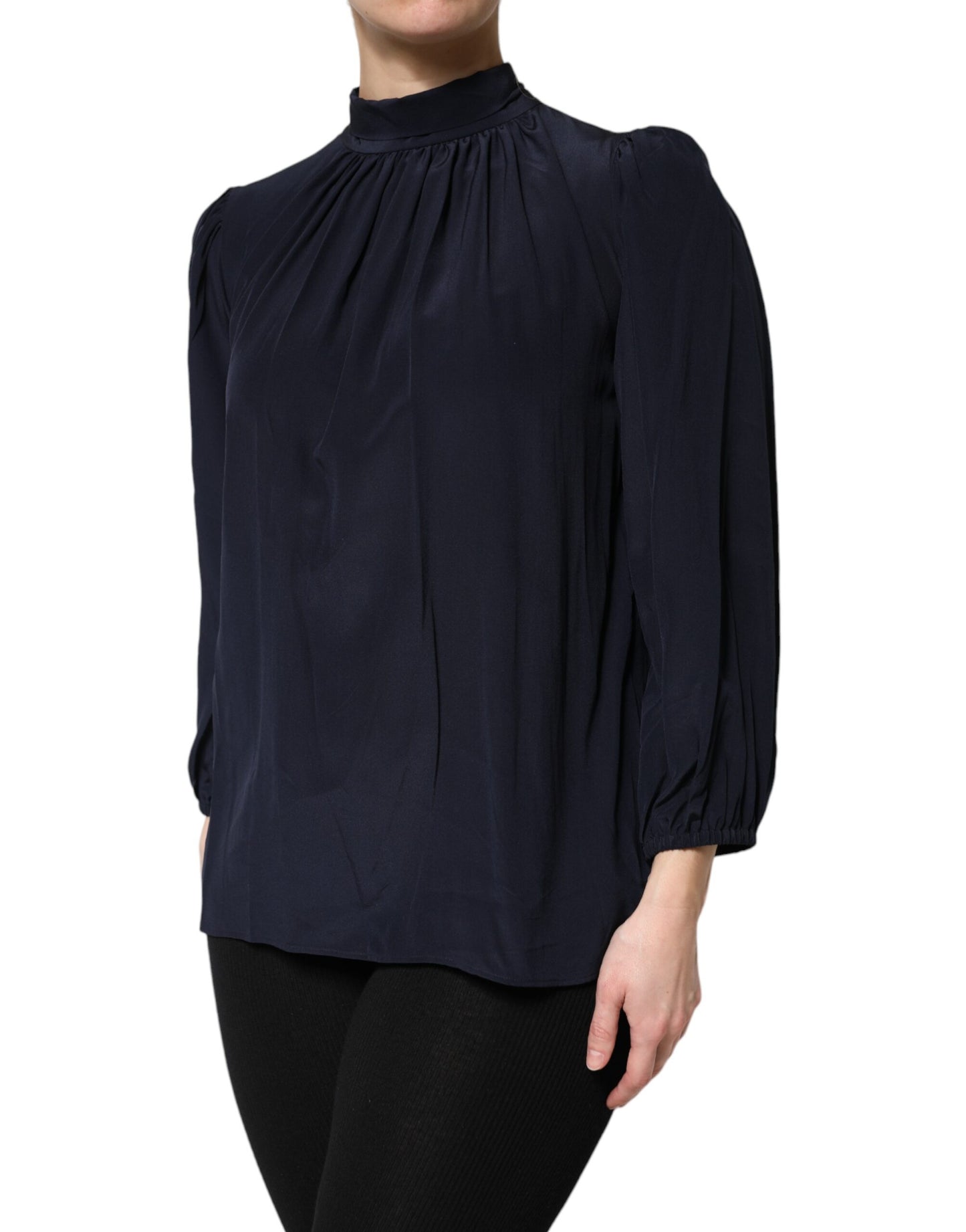 Dolce & Gabbana Blue Silk Mock Neck Long Sleeves Blouse Top Dolce & Gabbana