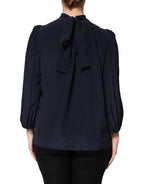 Dolce & Gabbana Blue Silk Mock Neck Long Sleeves Blouse Top
