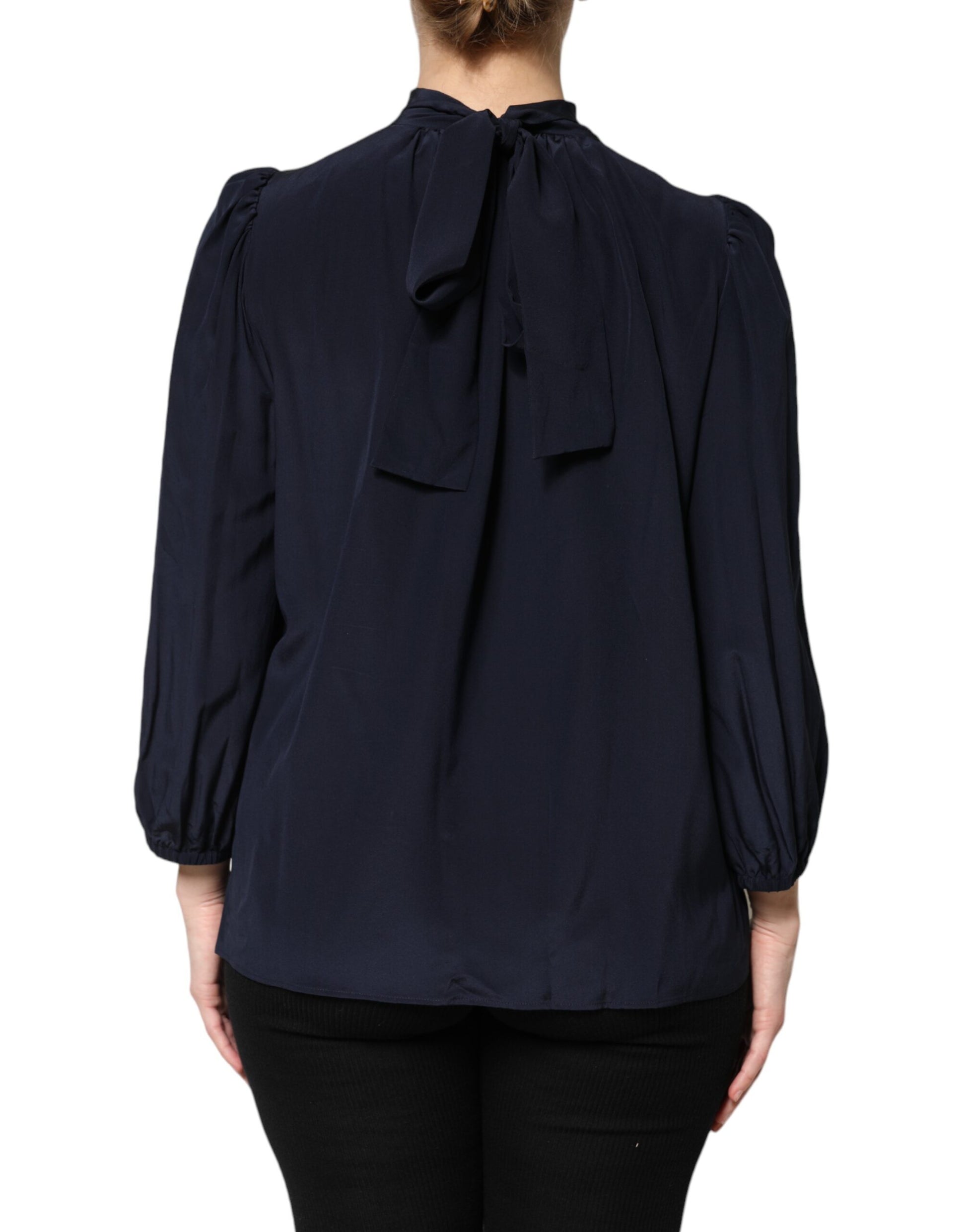 Dolce & Gabbana Blue Silk Mock Neck Long Sleeves Blouse Top Dolce & Gabbana