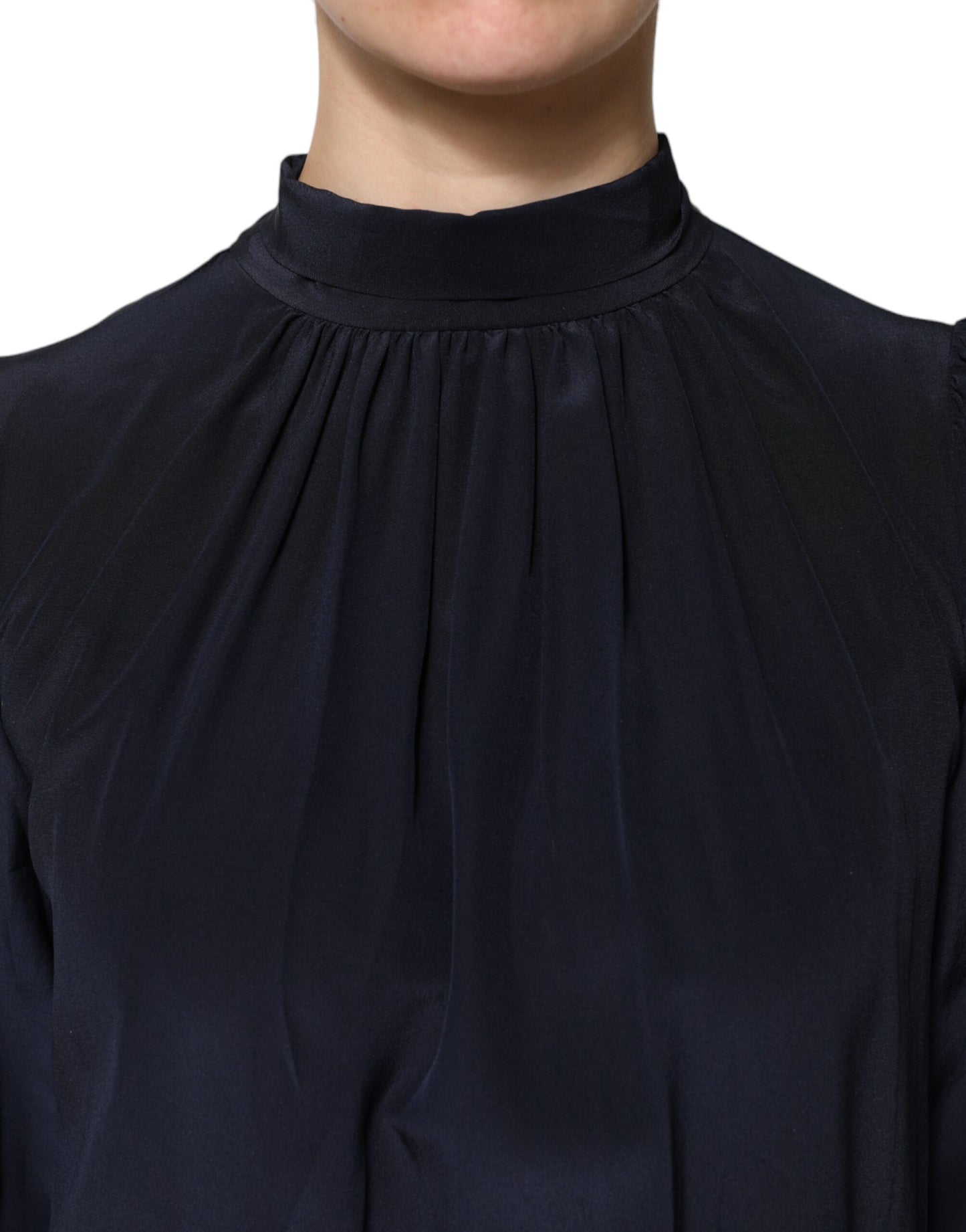 Dolce & Gabbana Blue Silk Mock Neck Long Sleeves Blouse Top Dolce & Gabbana