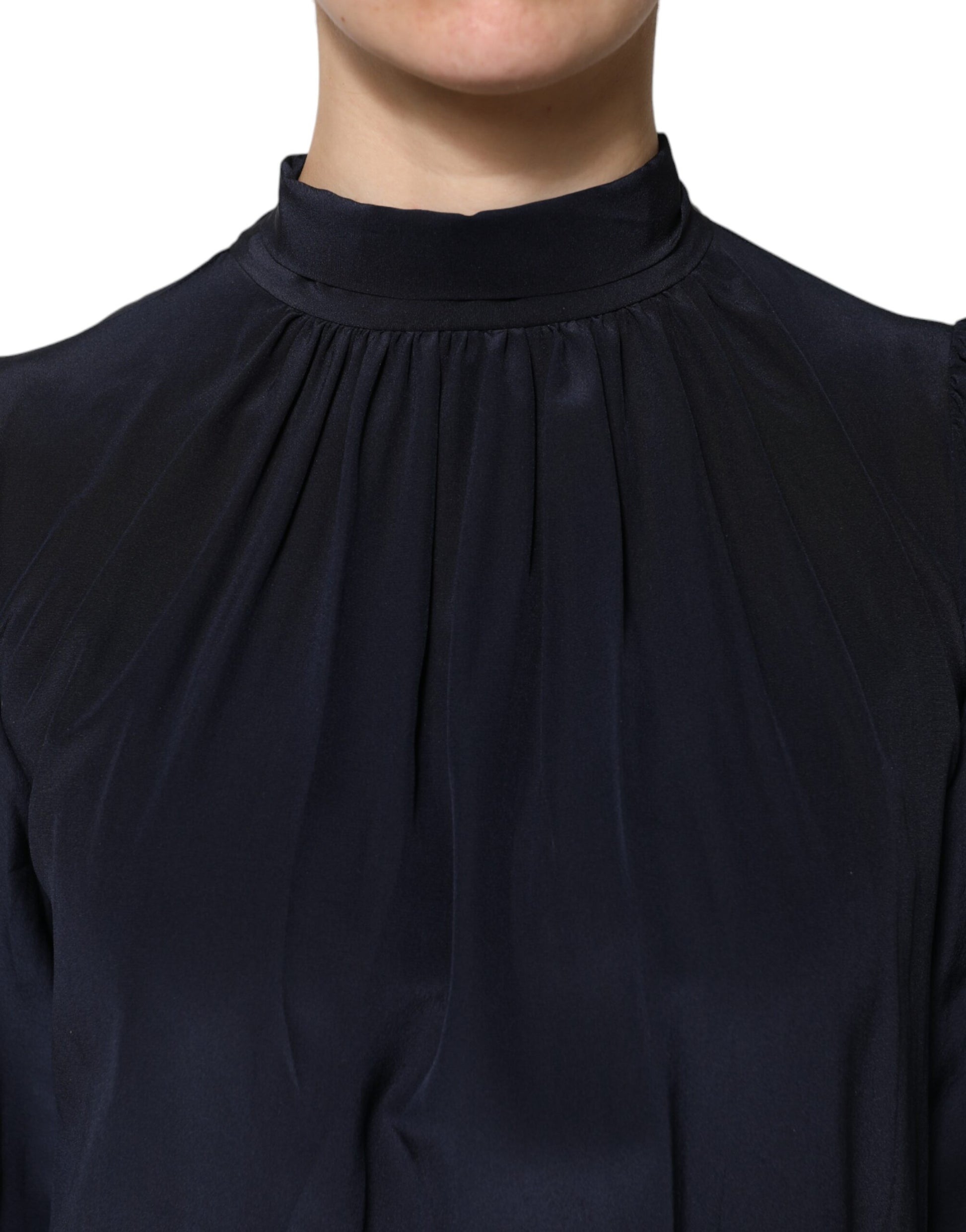 Dolce & Gabbana Blue Silk Mock Neck Long Sleeves Blouse Top Dolce & Gabbana