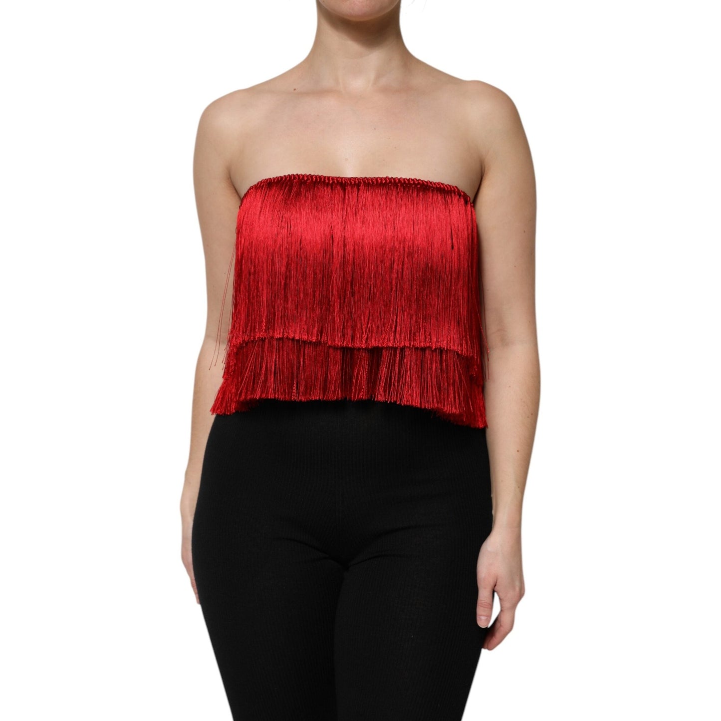 Dolce & Gabbana Red Silk Strapless Fringe Crop Tube Top Dolce & Gabbana