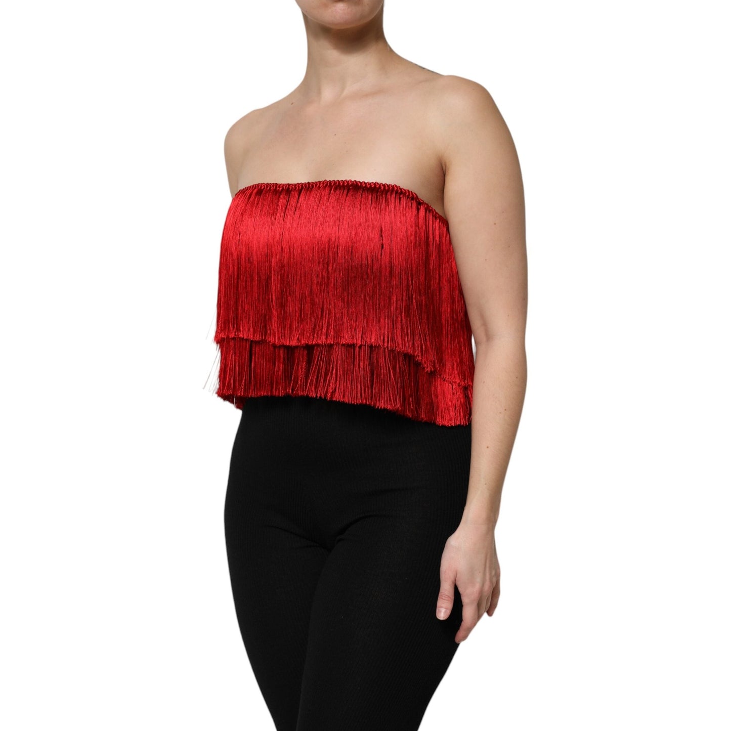 Dolce & Gabbana Red Silk Strapless Fringe Crop Tube Top Dolce & Gabbana