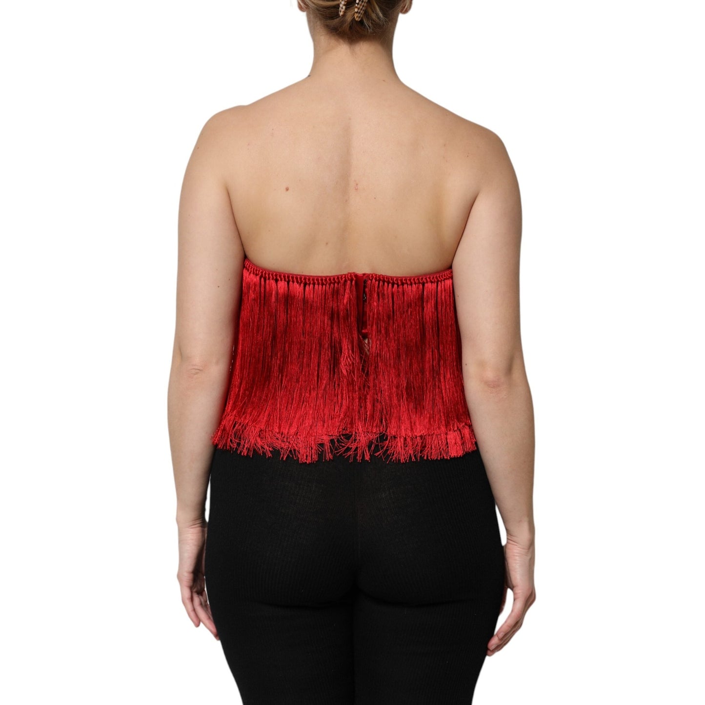 Dolce & Gabbana Red Silk Strapless Fringe Crop Tube Top Dolce & Gabbana