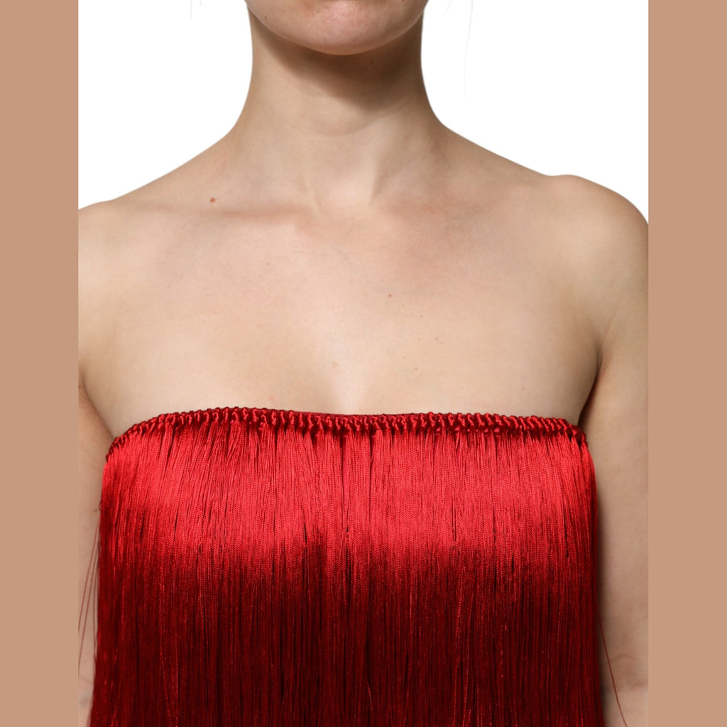 Dolce & Gabbana Red Silk Strapless Fringe Crop Tube Top