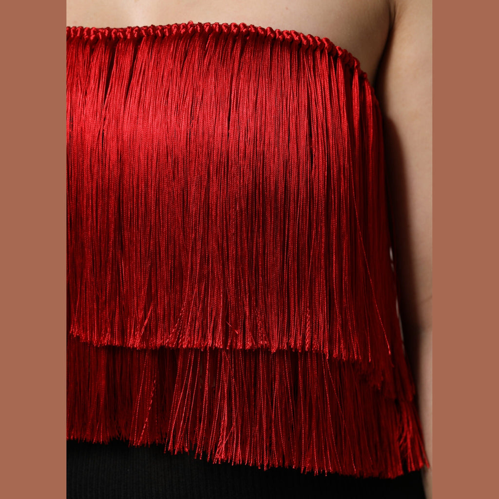 Dolce & Gabbana Red Silk Strapless Fringe Crop Tube Top