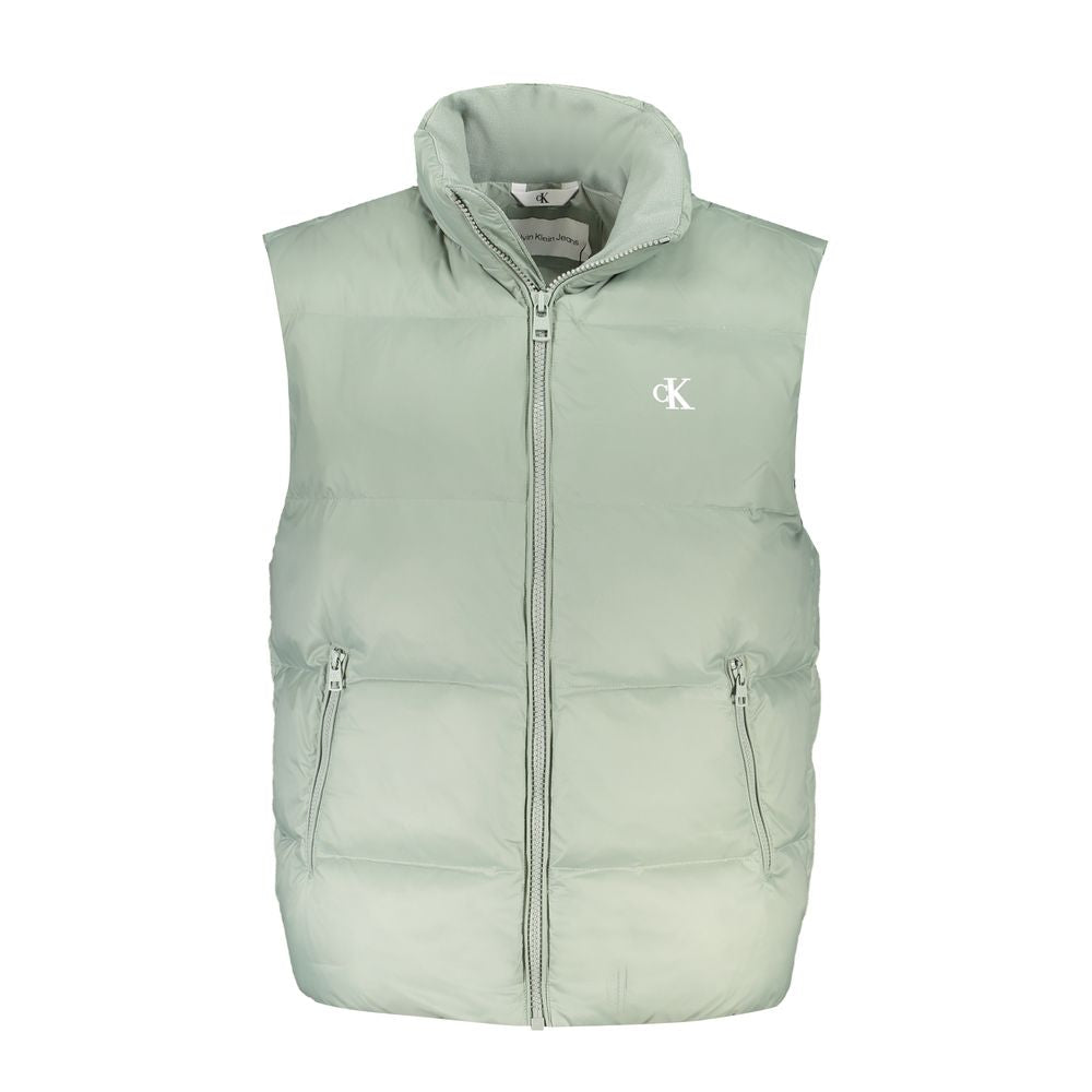 Calvin Klein green polyamide men's jacket with front zipper and stand collar, lightweight and stylish outerwear.