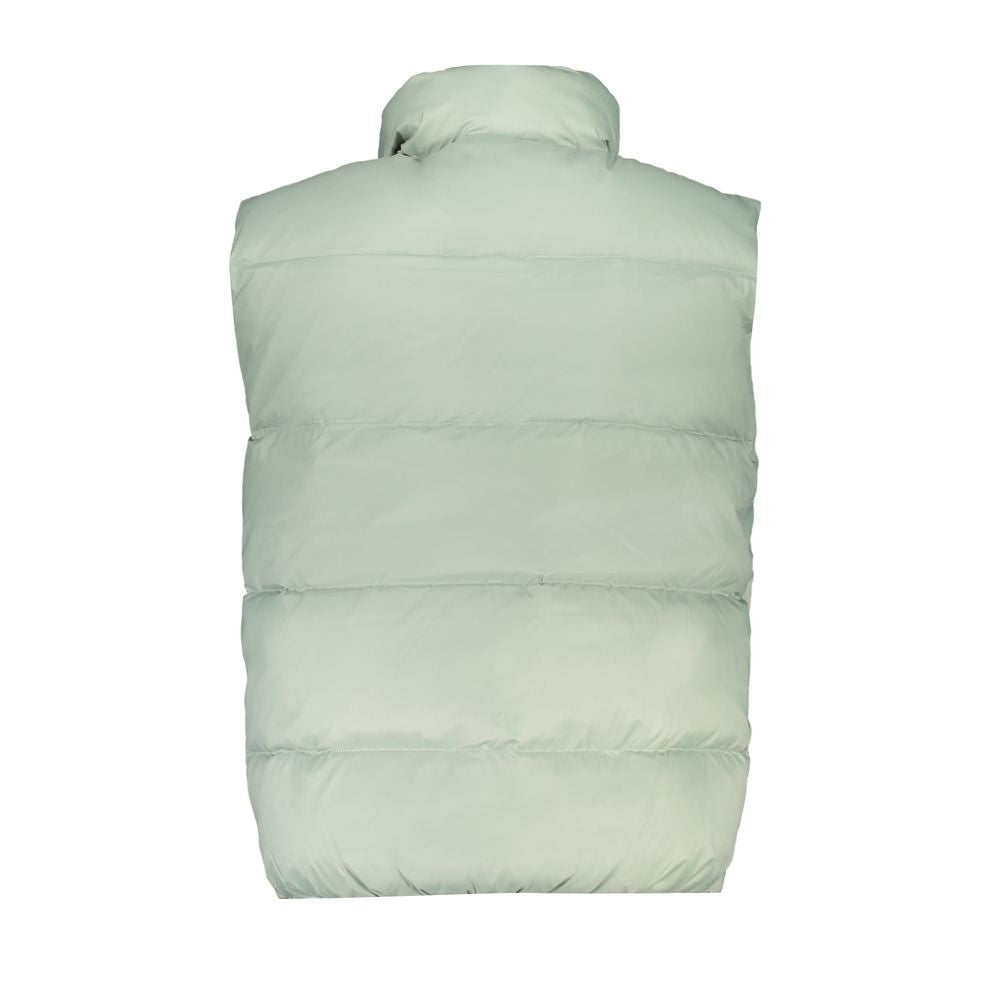 Calvin Klein green polyamide men's jacket hanging on a hanger, showcasing its sleek design and lightweight fabric.