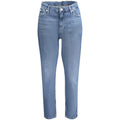 Calvin Klein Blu cotton women’s jeans with classic five-pocket design and slim fit, showcasing front and side views.
