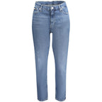 Calvin Klein Blu cotton women’s jeans with classic five-pocket design and slim fit, showcasing front and side views.