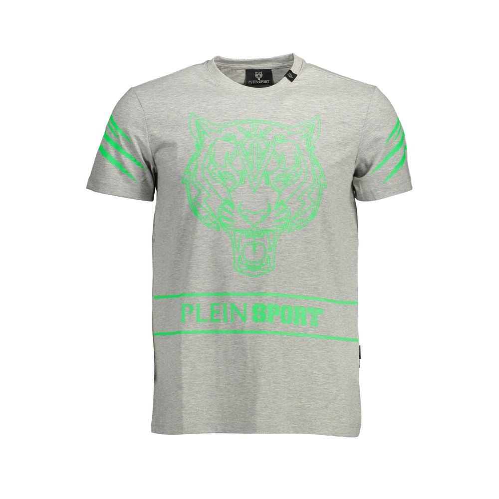 Gray Plein Sport men's cotton T-shirt with crew neck and short sleeves, casual athletic style.