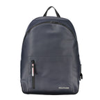 Tommy Hilfiger men's backpack made of blue polyurethane with adjustable straps and front pocket.