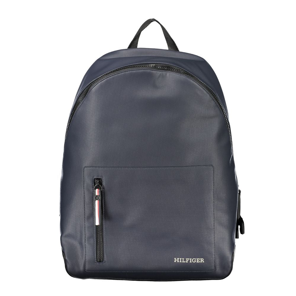Tommy Hilfiger men's backpack made of blue polyurethane with adjustable straps and front pocket.