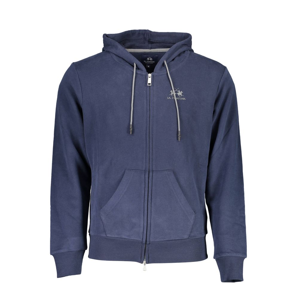 Blue cotton men's hooded sweater by La Martina, featuring a relaxed fit and adjustable drawstring hood.
