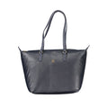 Tommy Hilfiger blue polyester women's handbag with sleek design and top handle, featuring classic branding details.