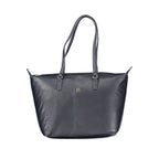 Tommy Hilfiger blue polyester women's handbag with sleek design and top handle, featuring classic branding details.