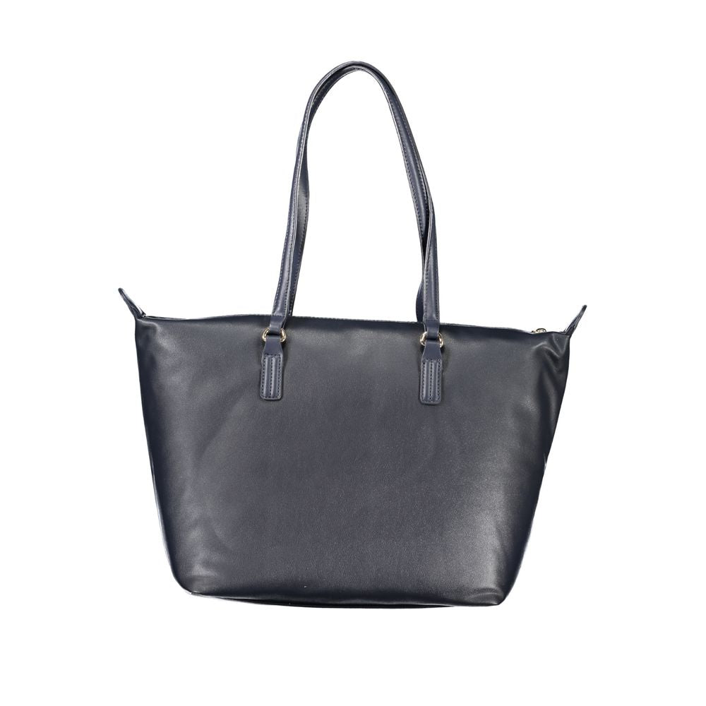Tommy Hilfiger women’s blue polyester handbag with structured design and top handles, stylish and functional accessory.