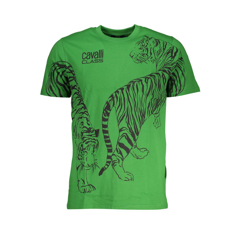 Cavalli Class Verde cotton men's T-shirt with round neckline and short sleeves, featuring a simple, stylish design.
