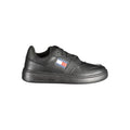 Black leather women's sneaker by Tommy Hilfiger featuring a sleek design and white sole detail.