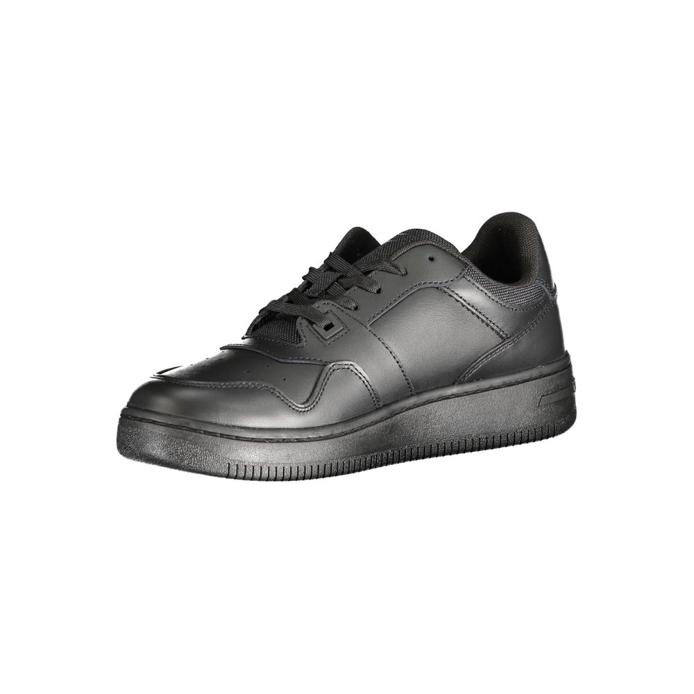 Tommy Hilfiger black leather women's sneaker with white sole and Tommy Hilfiger logo on the side.