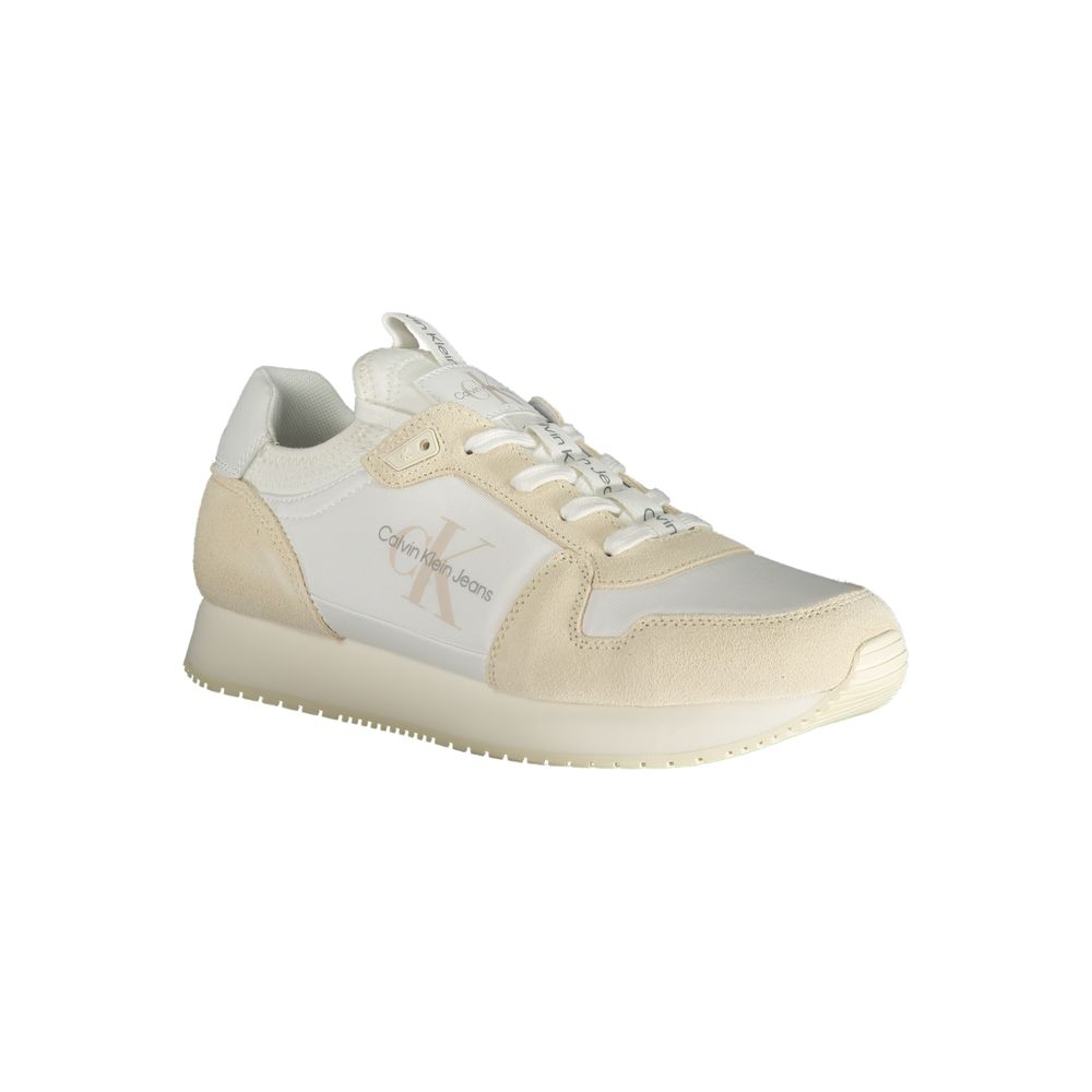 Calvin Klein white polyester men's sneaker with sleek design and lace-up closure, featuring minimalist style and comfortable fit.