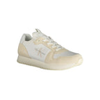 Calvin Klein white polyester men's sneaker with sleek design and lace-up closure, featuring minimalist style and comfortable fit.